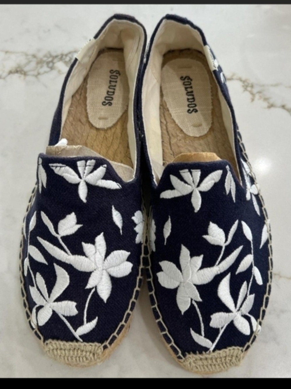 Soludos Navy Canvas Espadrilles with White Floral Embroidery